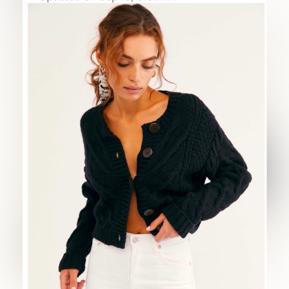Free People, Bonfire Cardi, 100% cotton, black cable knit, cropped sweater.